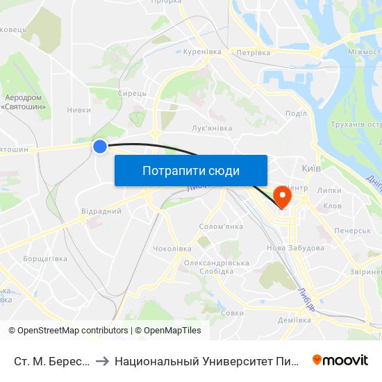 Ст. М. Берестейська to Национальный Университет Пищевых Технологий map