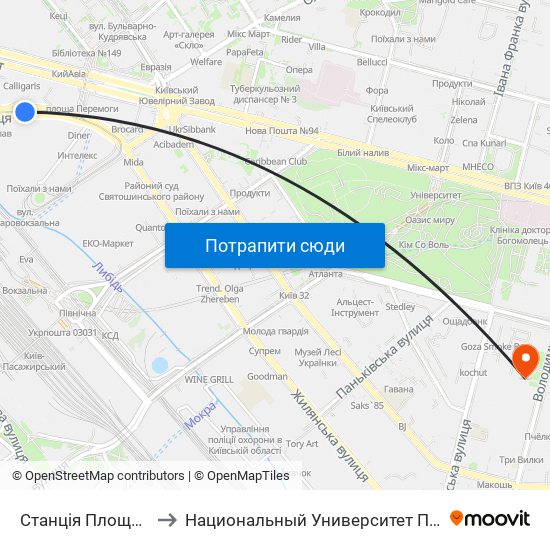 Станція Площа Перемоги to Национальный Университет Пищевых Технологий map