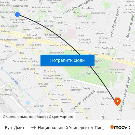 Вул. Дмитрівська to Национальный Университет Пищевых Технологий map