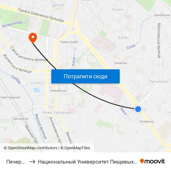 Печерська to Национальный Университет Пищевых Технологий map