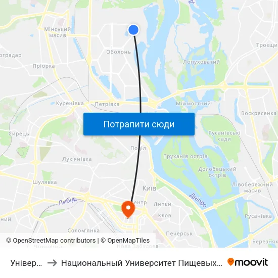 Універсам to Национальный Университет Пищевых Технологий map