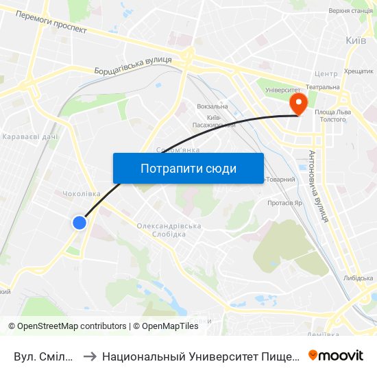 Вул. Смілянська to Национальный Университет Пищевых Технологий map