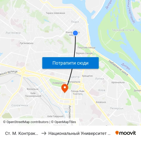 Ст. М. Контрактова Площа to Национальный Университет Пищевых Технологий map