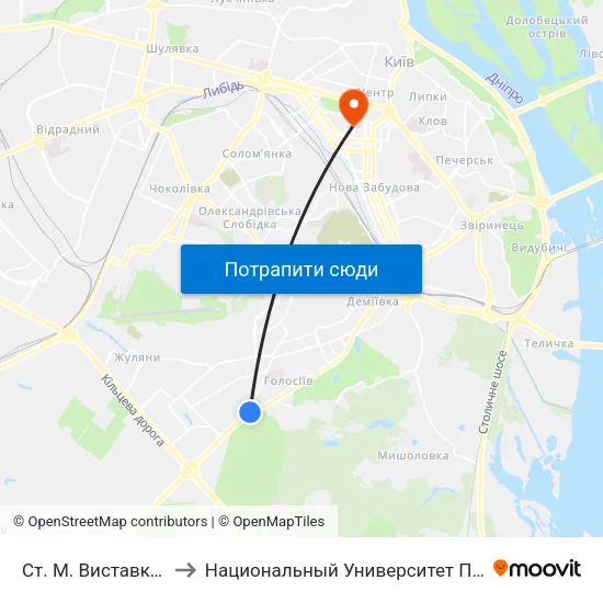 Ст. М. Виставковий Центр to Национальный Университет Пищевых Технологий map