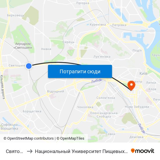 Святошин to Национальный Университет Пищевых Технологий map