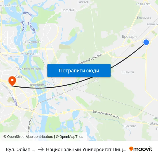 Вул. Олімпійська-1 to Национальный Университет Пищевых Технологий map