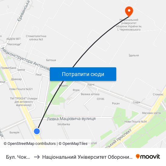 Бул. Чоколівський to Національний Університет Оборони України Ім. І. Черняховського map