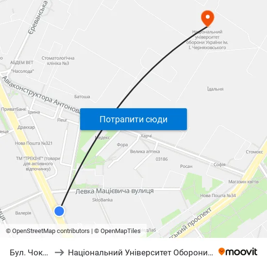 Бул. Чоколівський to Національний Університет Оборони України Ім. І. Черняховського map