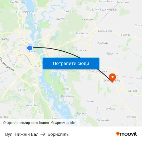 Вул. Нижній Вал to Бориспіль map