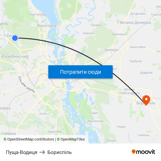 Пуща-Водиця to Бориспіль map