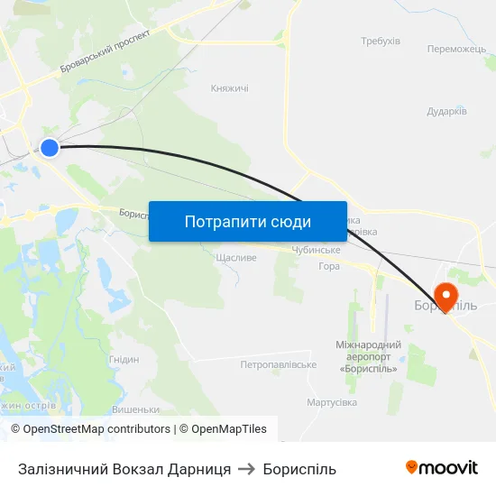 Залізничний Вокзал Дарниця to Бориспіль map