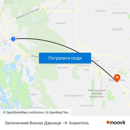 Залізничний Вокзал Дарниця to Бориспіль map