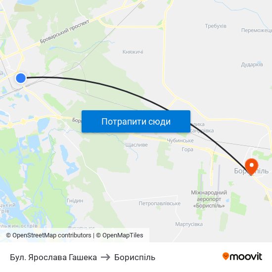 Бул. Ярослава Гашека to Бориспіль map