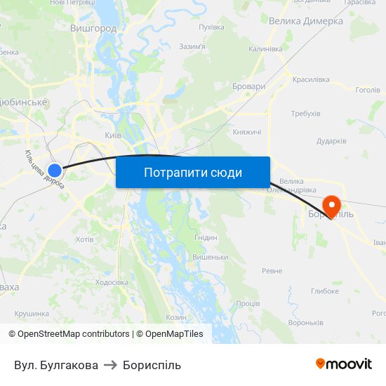 Вул. Булгакова to Бориспіль map