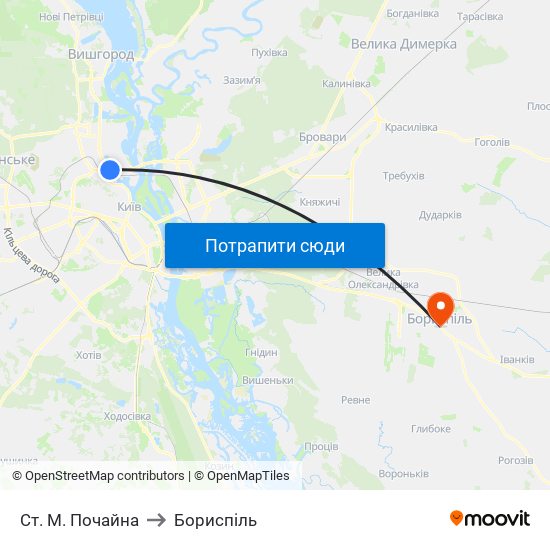 Ст. М. Почайна to Бориспіль map