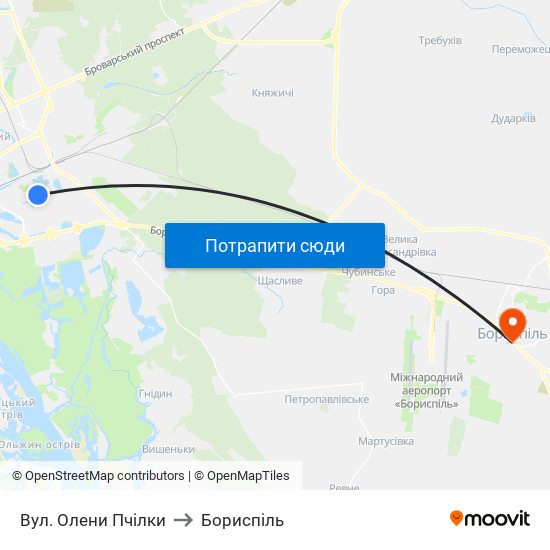 Вул. Олени Пчілки to Бориспіль map