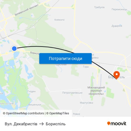 Вул. Декабристів to Бориспіль map