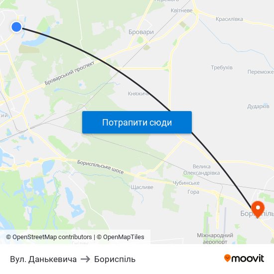 Вул. Данькевича to Бориспіль map