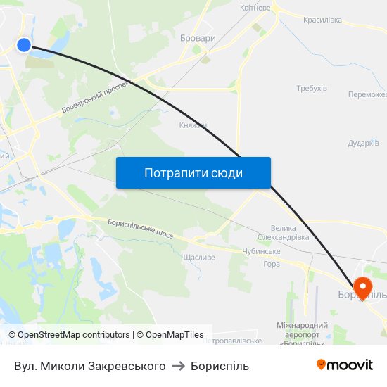 Вул. Миколи Закревського to Бориспіль map