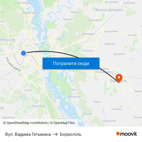 Вул. Вадима Гетьмана to Бориспіль map