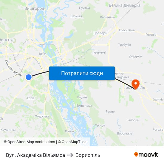 Вул. Академіка Вільямса to Бориспіль map