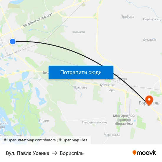 Вул. Павла Усенка to Бориспіль map