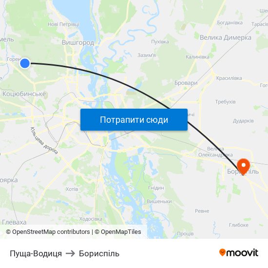 Пуща-Водиця to Бориспіль map