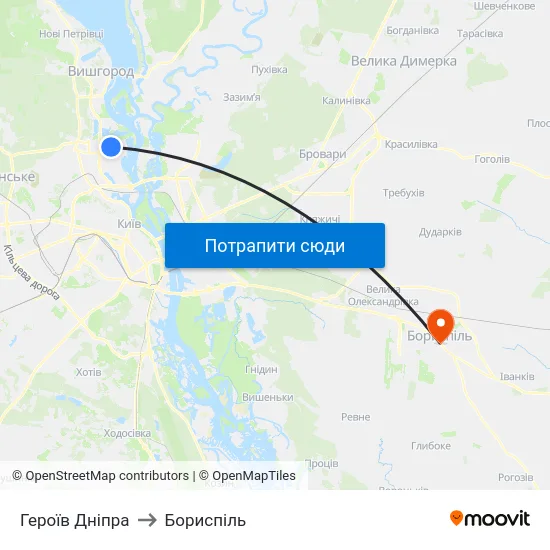 Героїв Дніпра to Бориспіль map