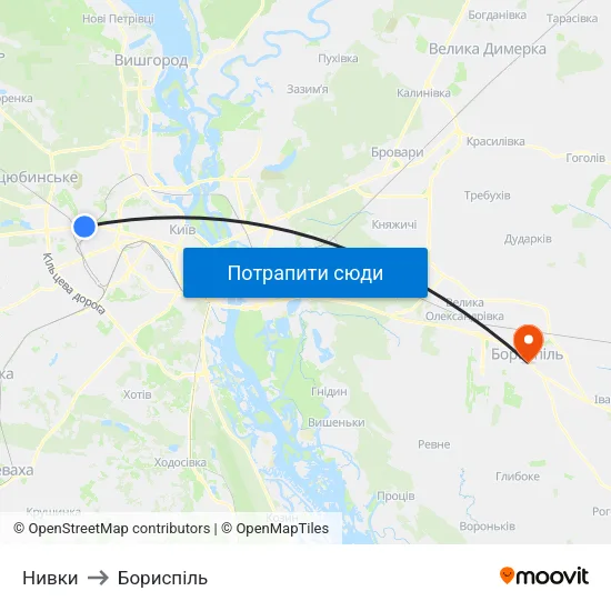 Нивки to Бориспіль map