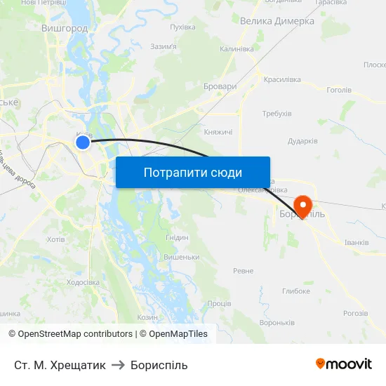 Ст. М. Хрещатик to Бориспіль map