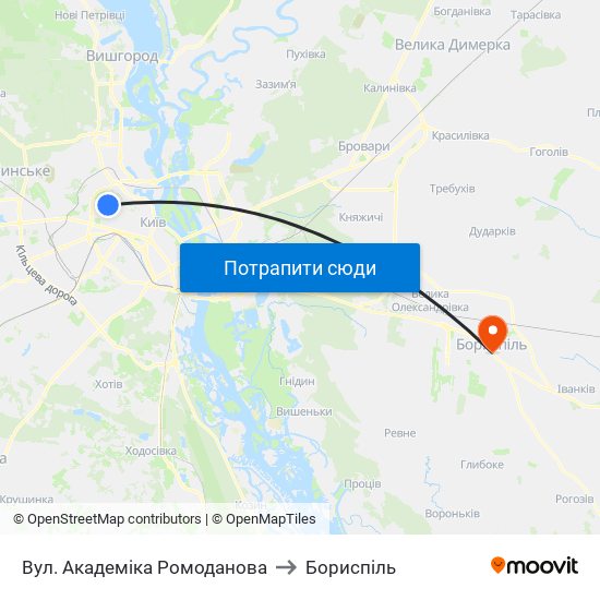 Вул. Академіка Ромоданова to Бориспіль map