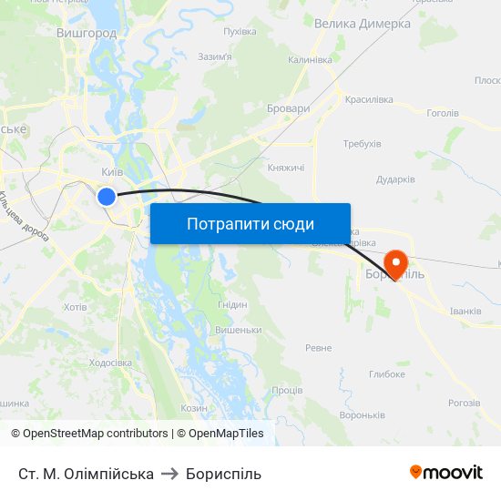 Ст. М. Олімпійська to Бориспіль map