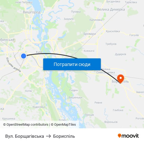 Вул. Борщагівська to Бориспіль map