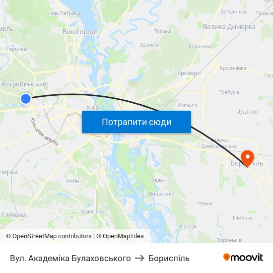 Вул. Академіка Булаховського to Бориспіль map