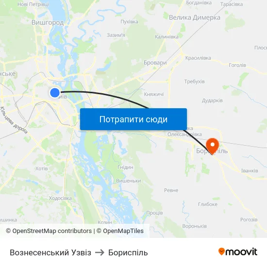 Вознесенський Узвіз to Бориспіль map