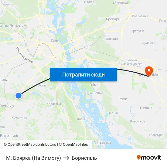 М. Боярка (На Вимогу) to Бориспіль map