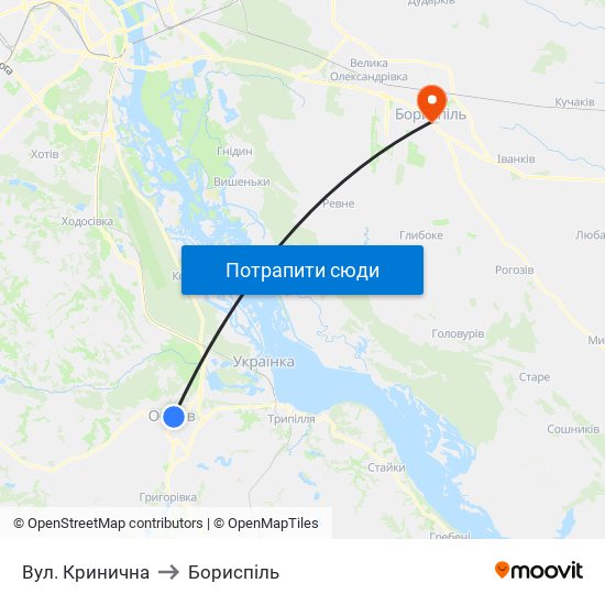 Вул. Кринична to Бориспіль map