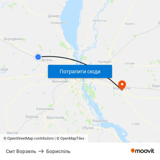 Смт Ворзель to Бориспіль map