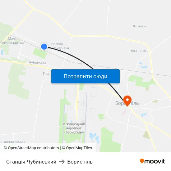 Станція Чубинський to Бориспіль map