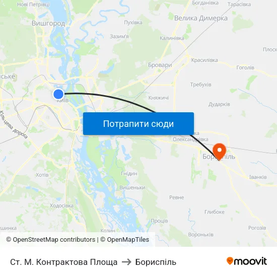 Ст. М. Контрактова Площа to Бориспіль map