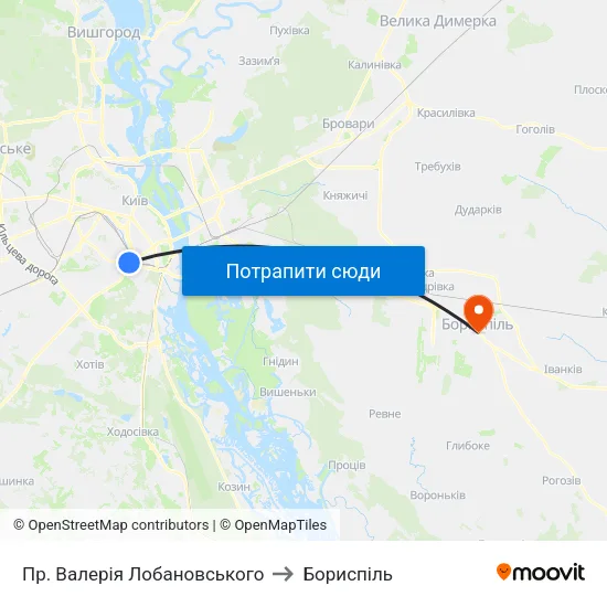 Пр. Валерія Лобановського to Бориспіль map