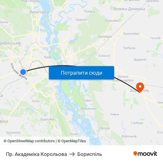 Пр. Академіка Корольова to Бориспіль map