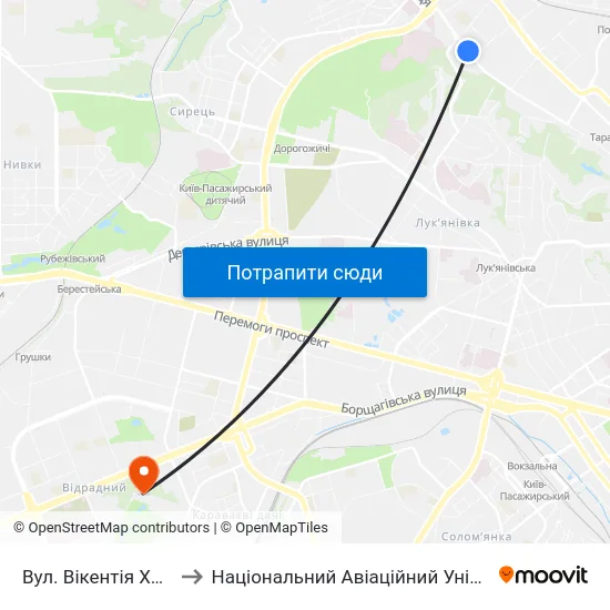 Вул. Вікентія Хвойки to Національний Авіаційний Університет map