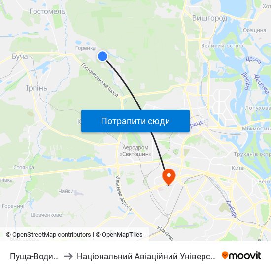 Пуща-Водиця to Національний Авіаційний Університет map