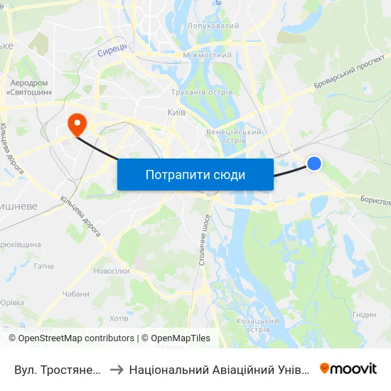Вул. Тростянецька to Національний Авіаційний Університет map