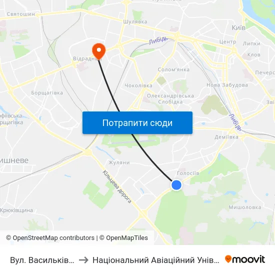 Вул. Васильківська to Національний Авіаційний Університет map