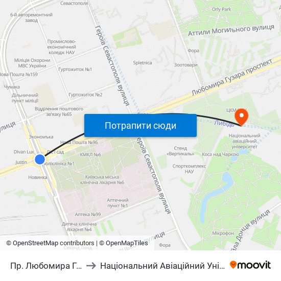 Пр. Любомира Гузара to Національний Авіаційний Університет map