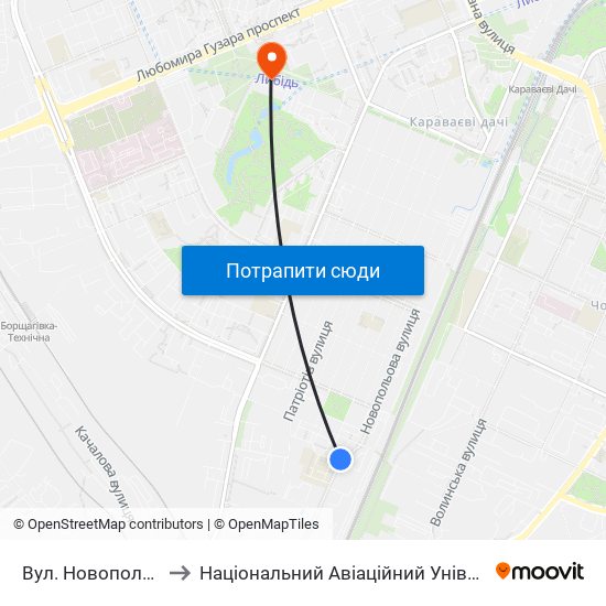 Вул. Новопольова to Національний Авіаційний Університет map