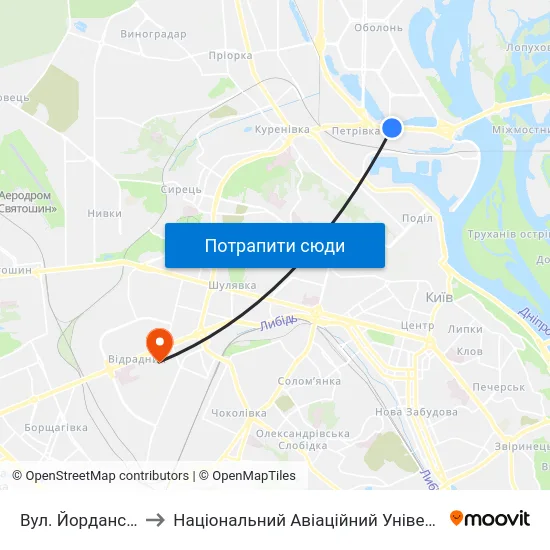 Вул. Йорданська to Національний Авіаційний Університет map