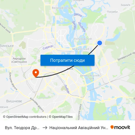 Вул. Теодора Драйзера to Національний Авіаційний Університет map